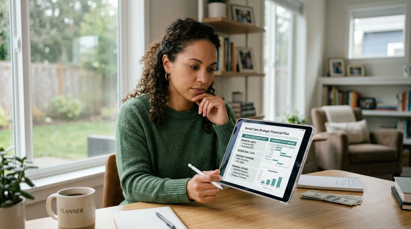 A woman reviewing a dental care strategic financial plan on her tablet while sitting at a desk.