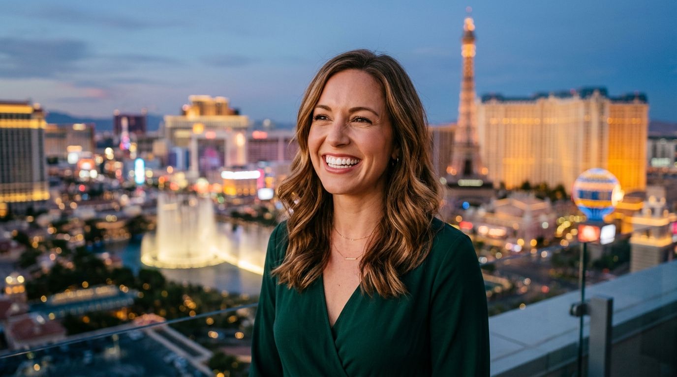 A woman with a bright, confident smile standing on a balcony overlooking the Las Vegas skyline.