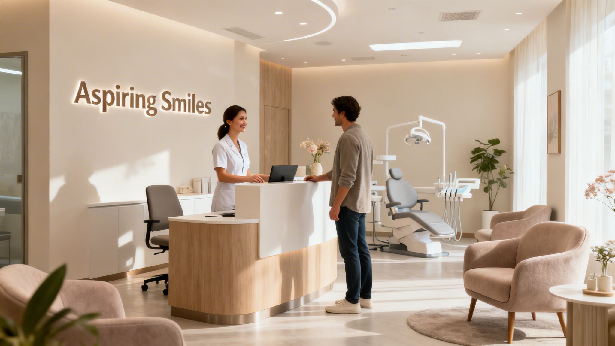 A friendly dentist smiles while assisting a male patient at a modern dental clinic reception.