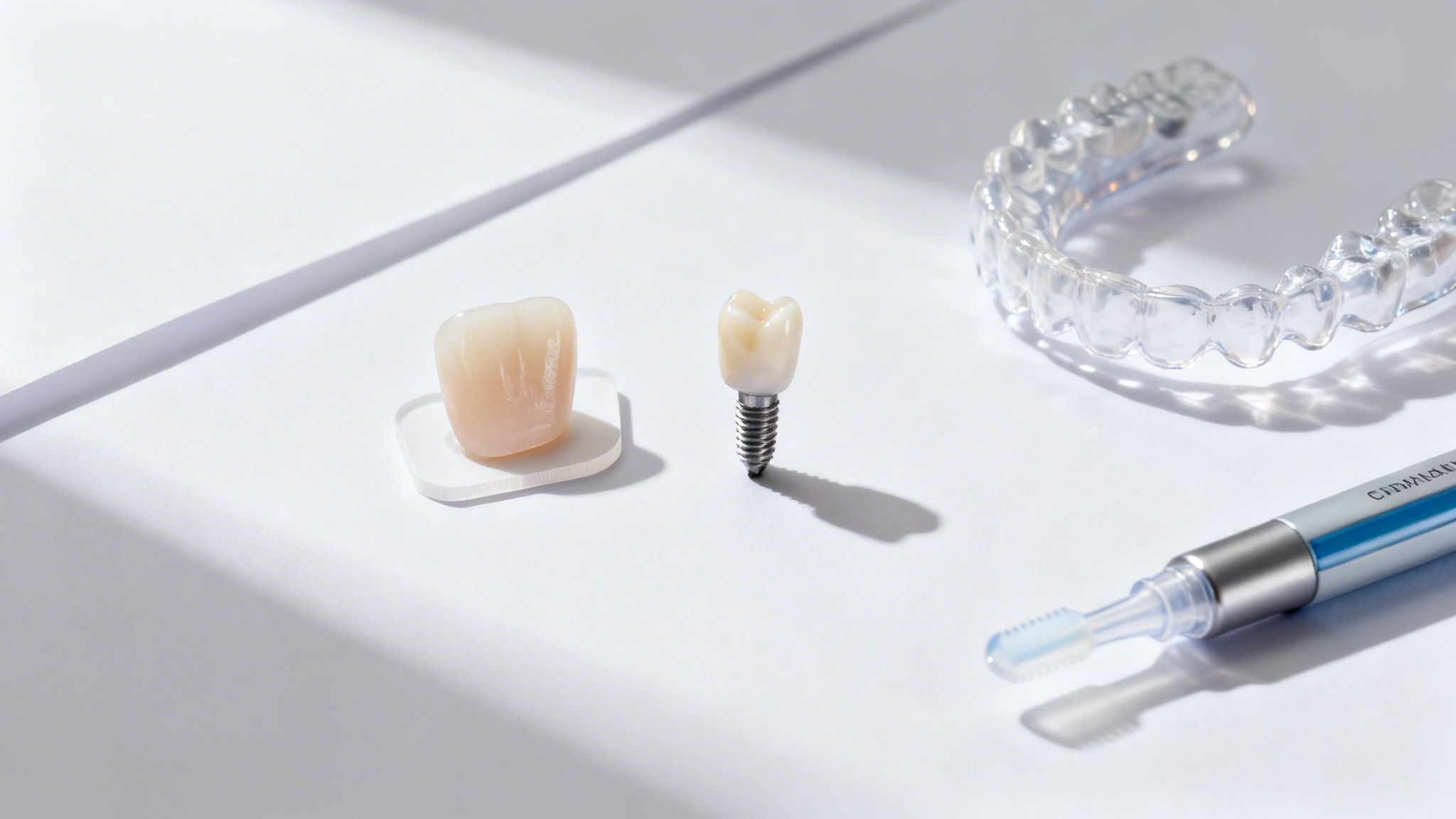 A collection of dental products: crown, implant, clear aligner, and a tooth whitening pen.