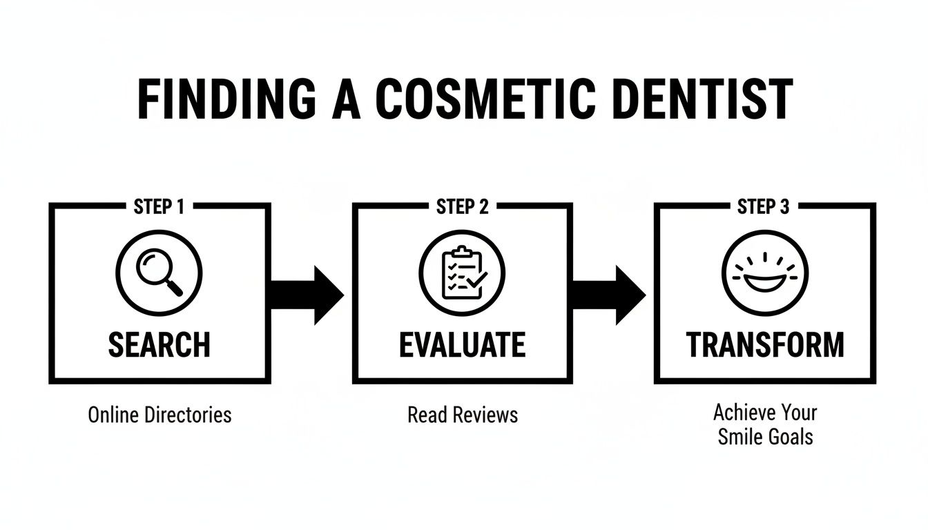 A three-step infographic showing how to find a cosmetic dentist: Search, Evaluate, and Transform.
