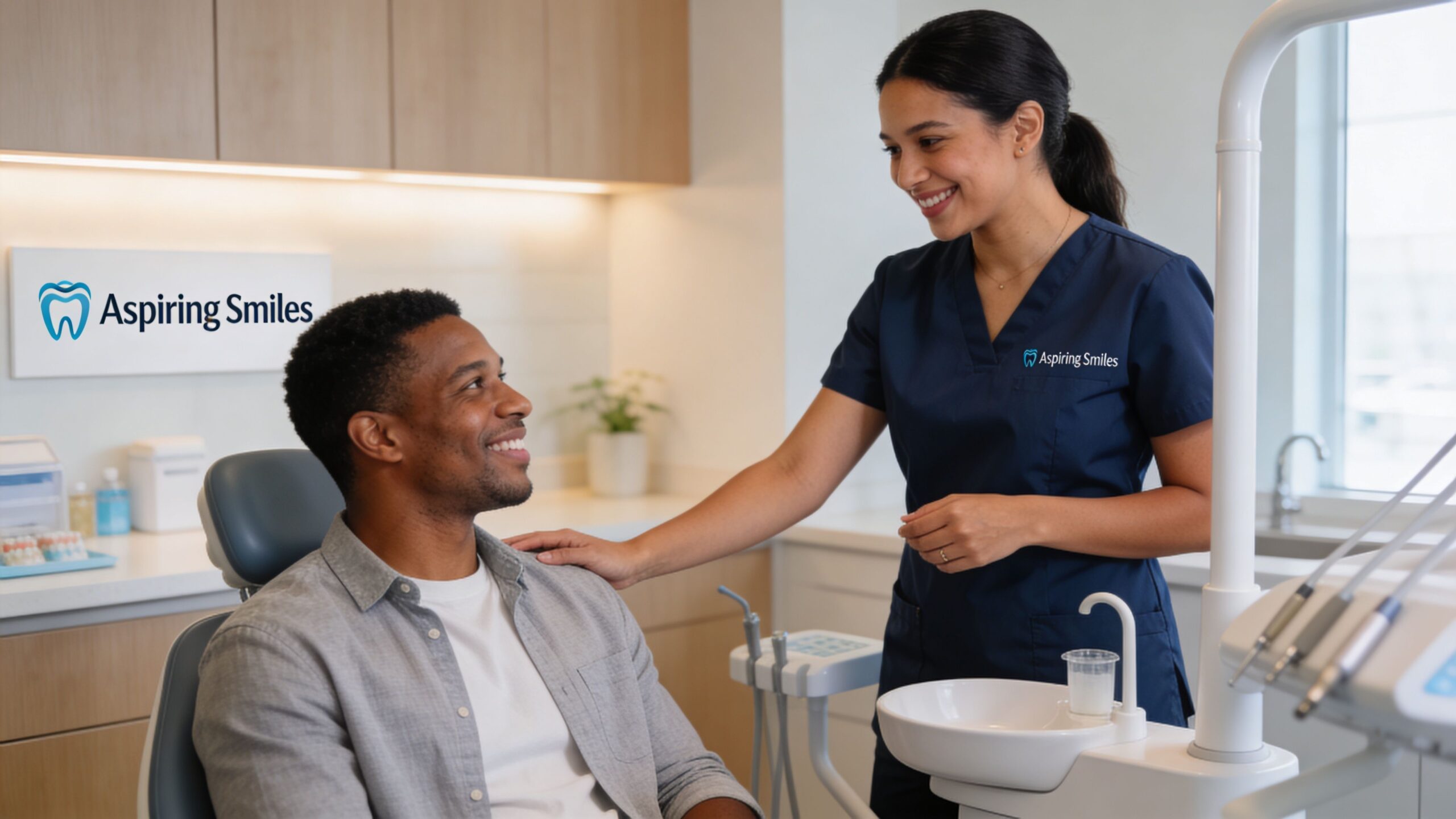 A friendly female dentist smiling while reassuring a male patient during a dental office visit.