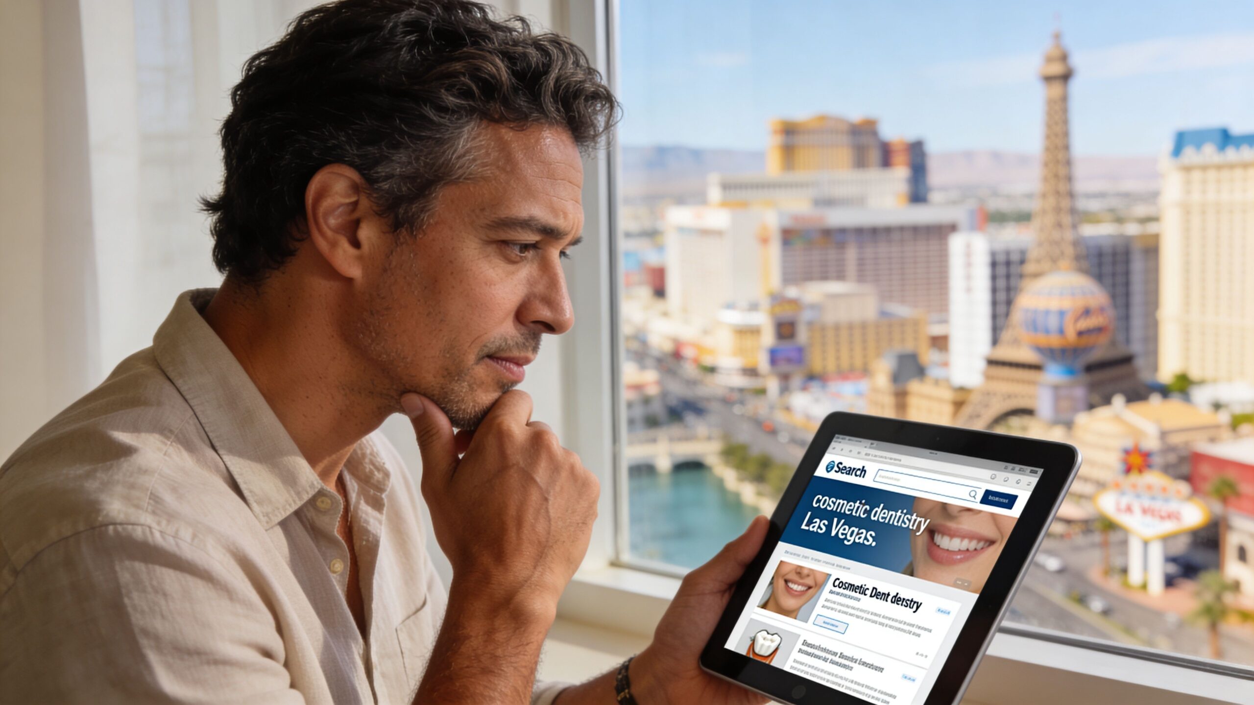 A man looking at a tablet showing a search result for cosmetic dentistry in Las Vegas.