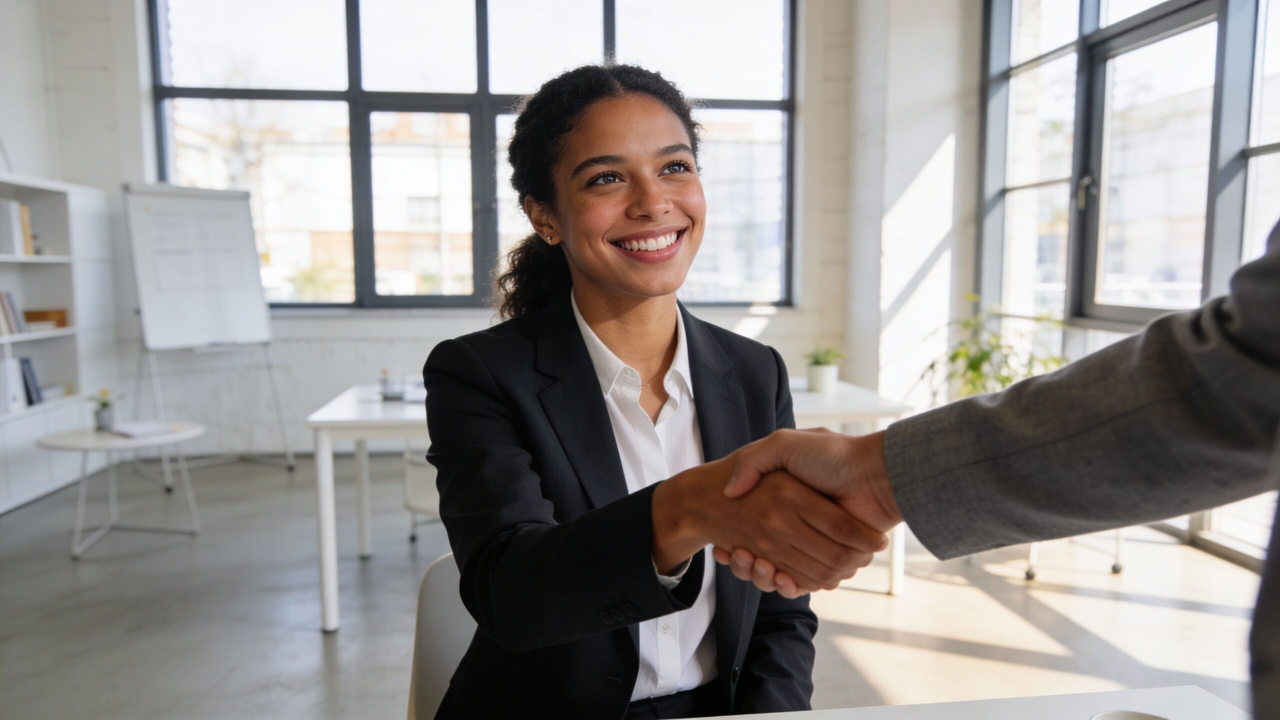 A professional businesswoman smiling confidently while shaking hands with a colleague in a bright office environment.
