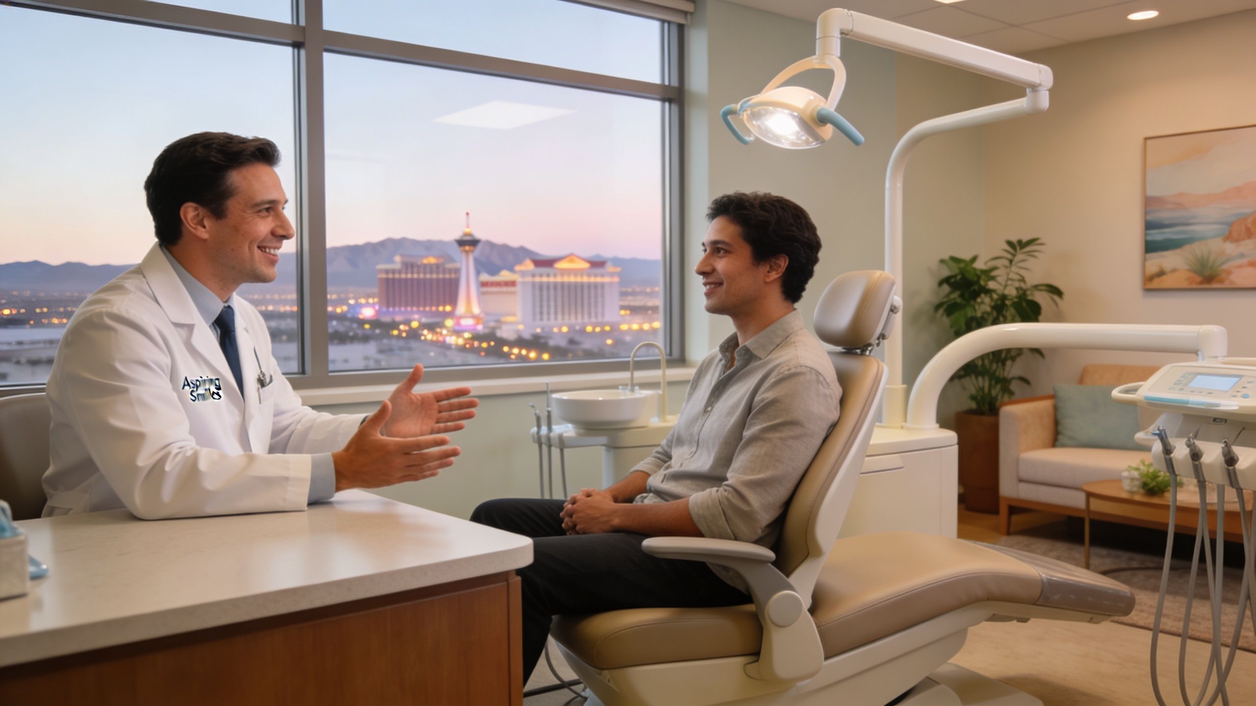 A friendly dentist talking to a patient sitting in a dental chair with a city view.