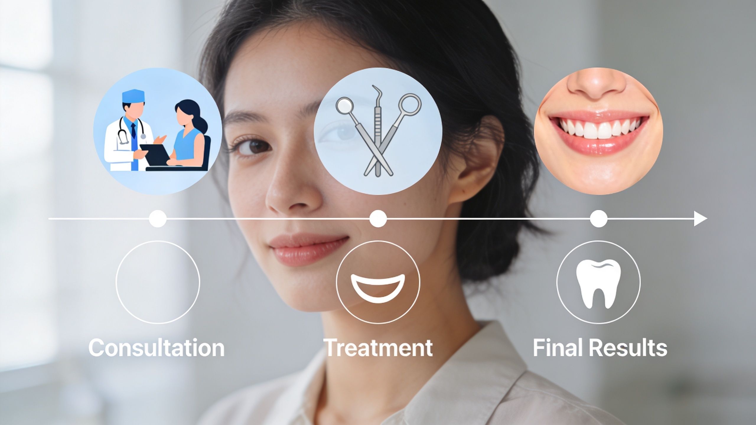 A conceptual timeline graphic illustrating the cosmetic dentistry process from initial consultation to treatment and final results.