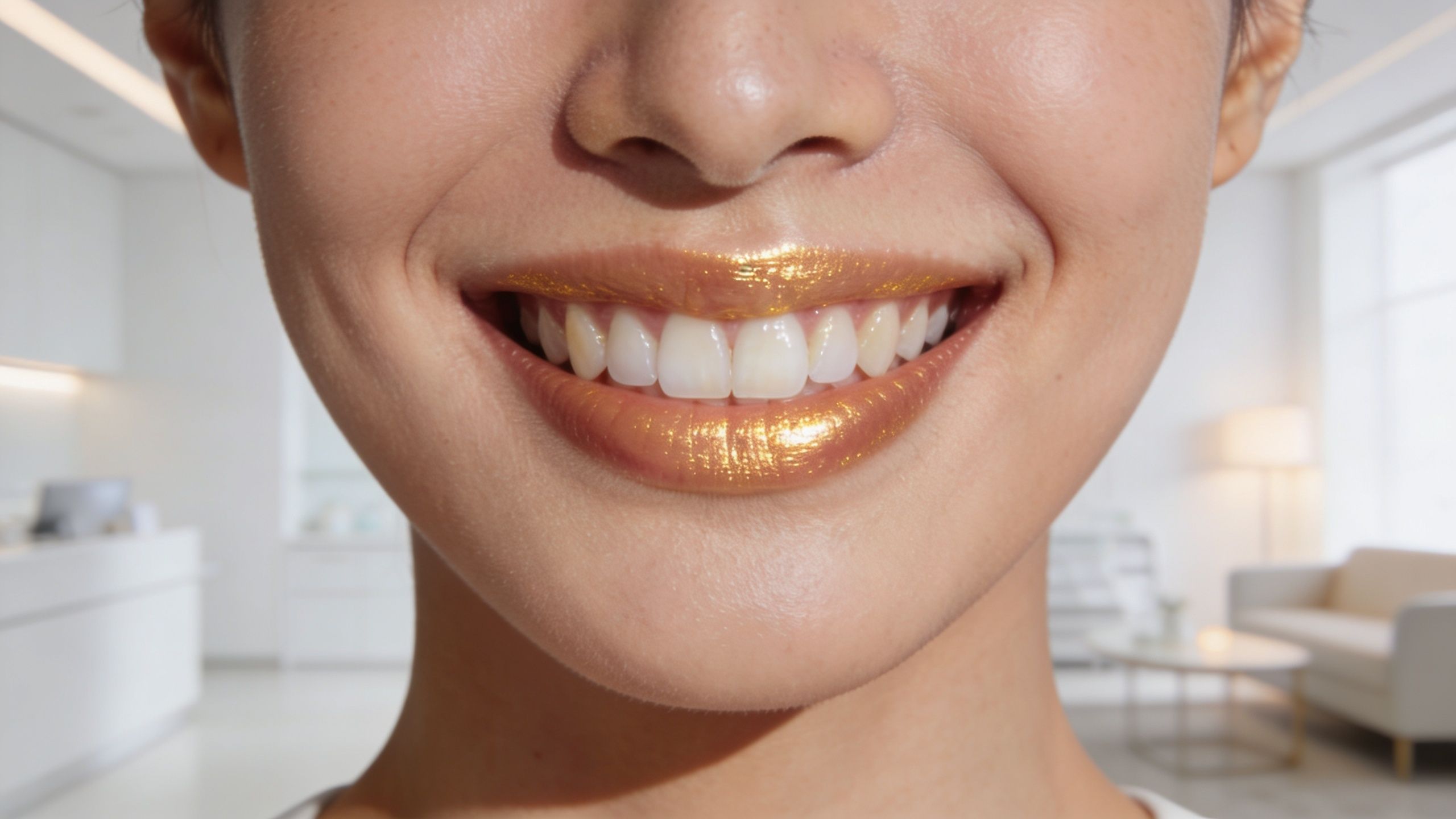 A close-up view of a woman with a beautiful smile wearing shimmering metallic gold lipstick.