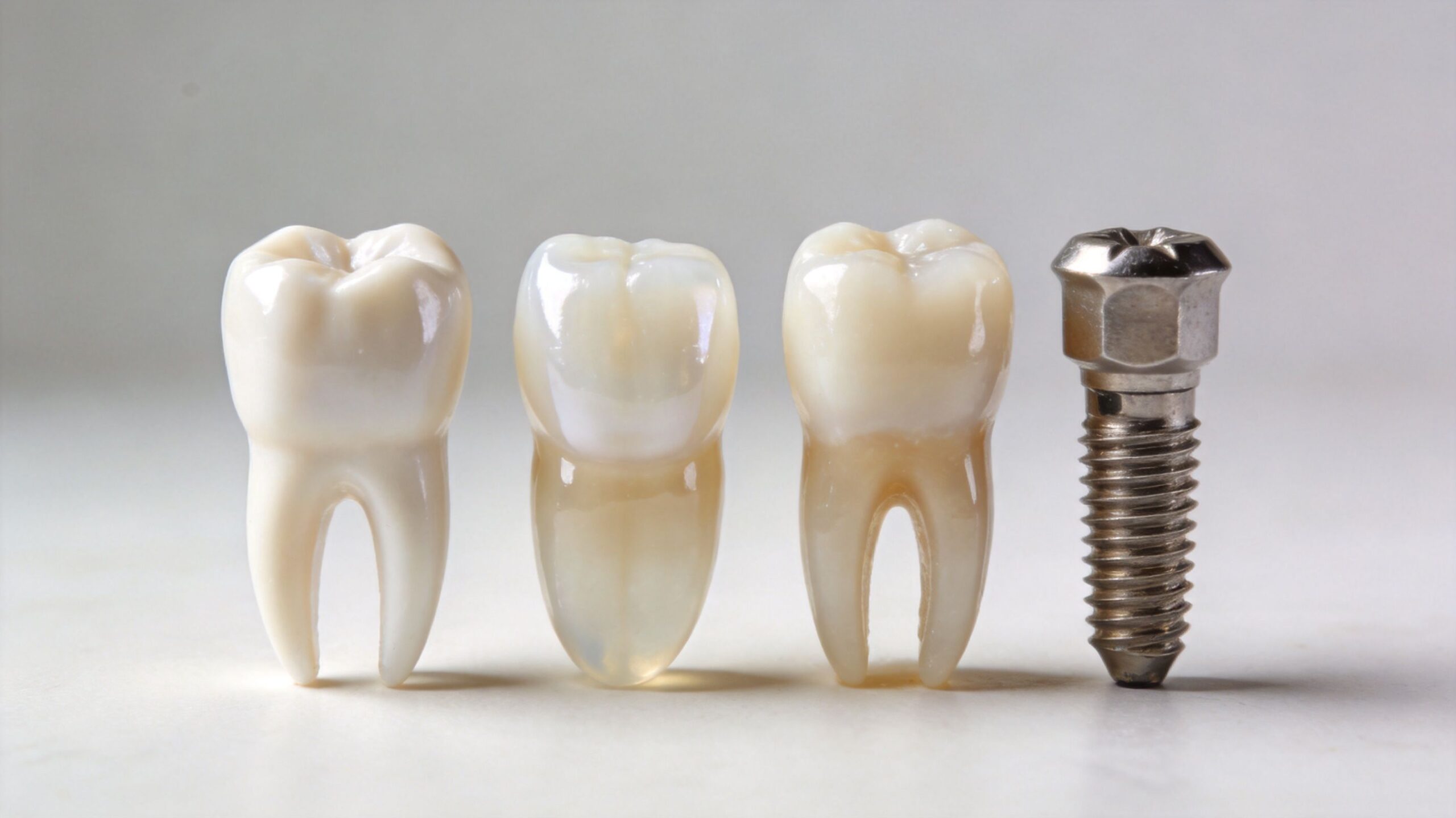 A studio shot showing three natural human teeth and one metallic dental implant screw on white background.
