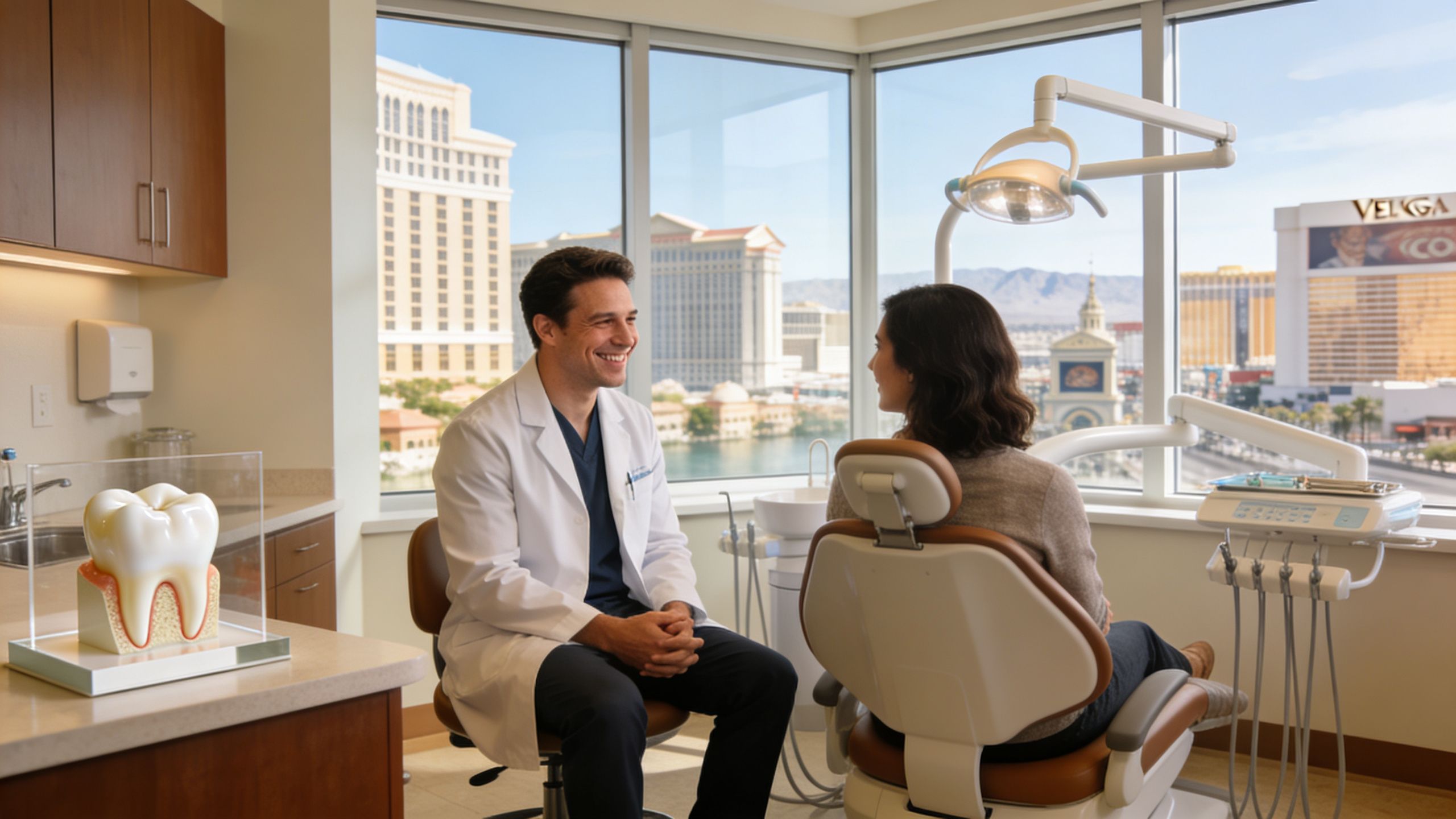A friendly dentist consults with a patient in an office with a panoramic view of Las Vegas.