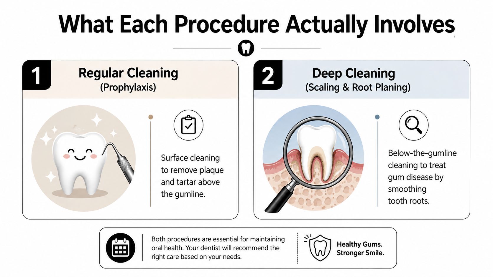An infographic comparing dental regular cleaning and deep cleaning procedures to maintain oral health.