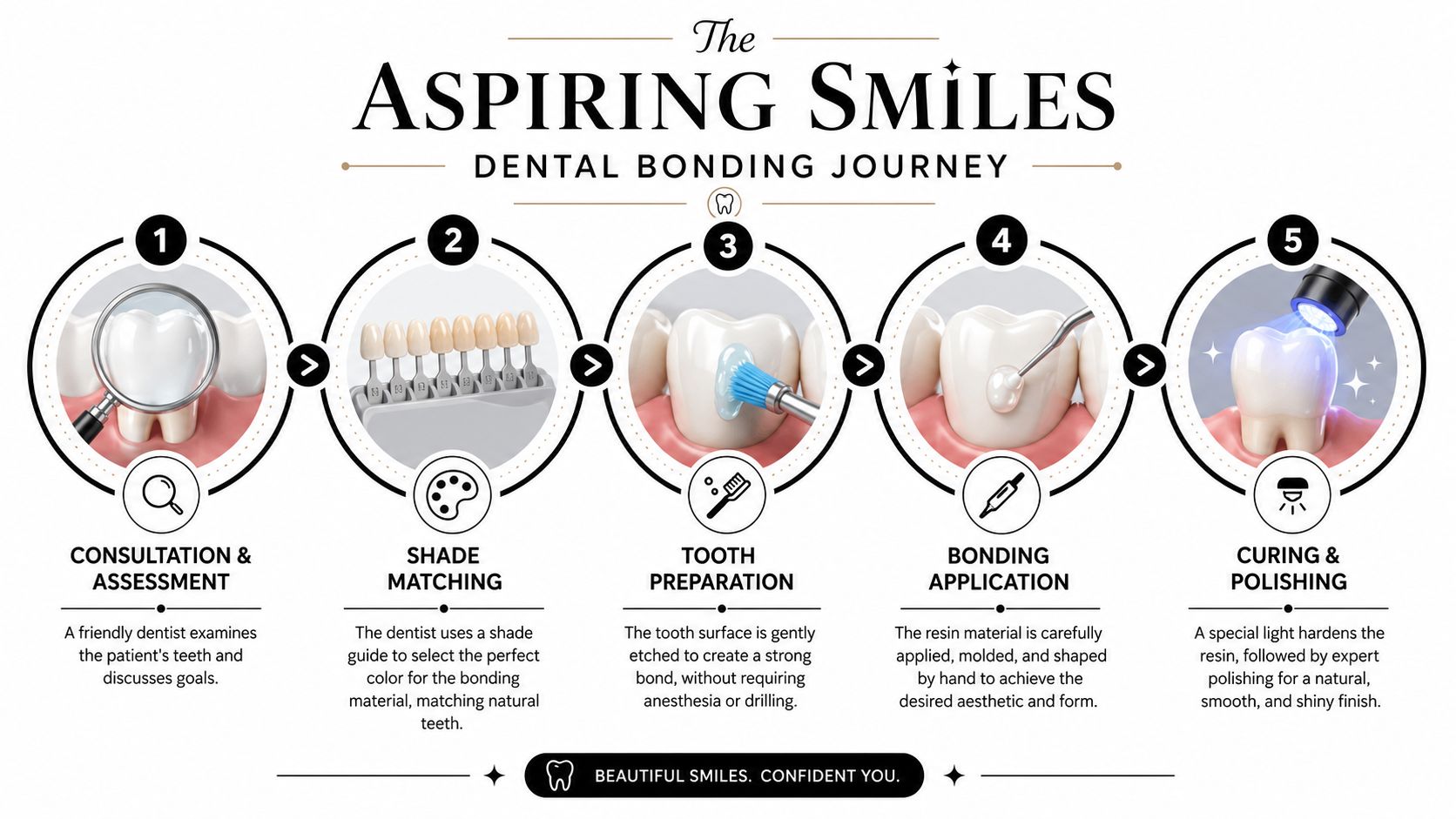 A step-by-step infographic illustrating the professional dental bonding process from initial consultation to final polishing.