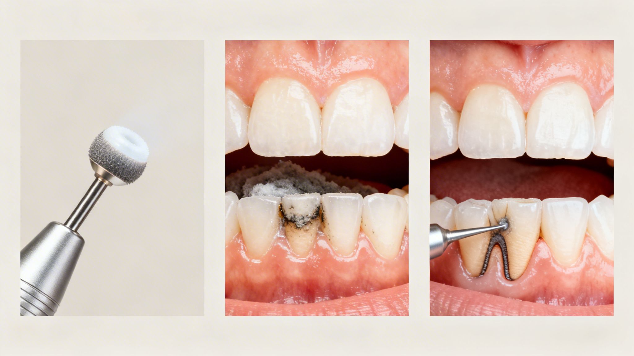 Three images showing a dental polishing tool, severe plaque and tartar, and a dental professional cleaning teeth.