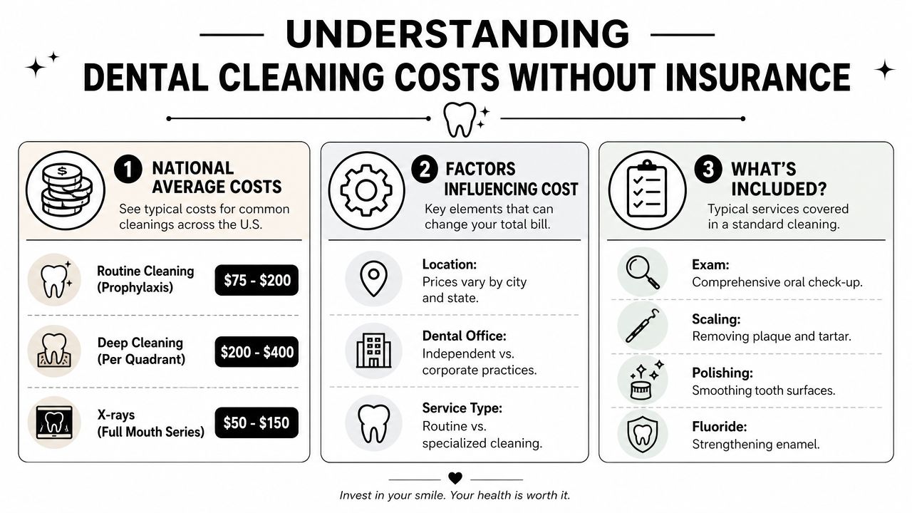 An infographic showing the national average costs and factors affecting dental cleaning services without insurance coverage.