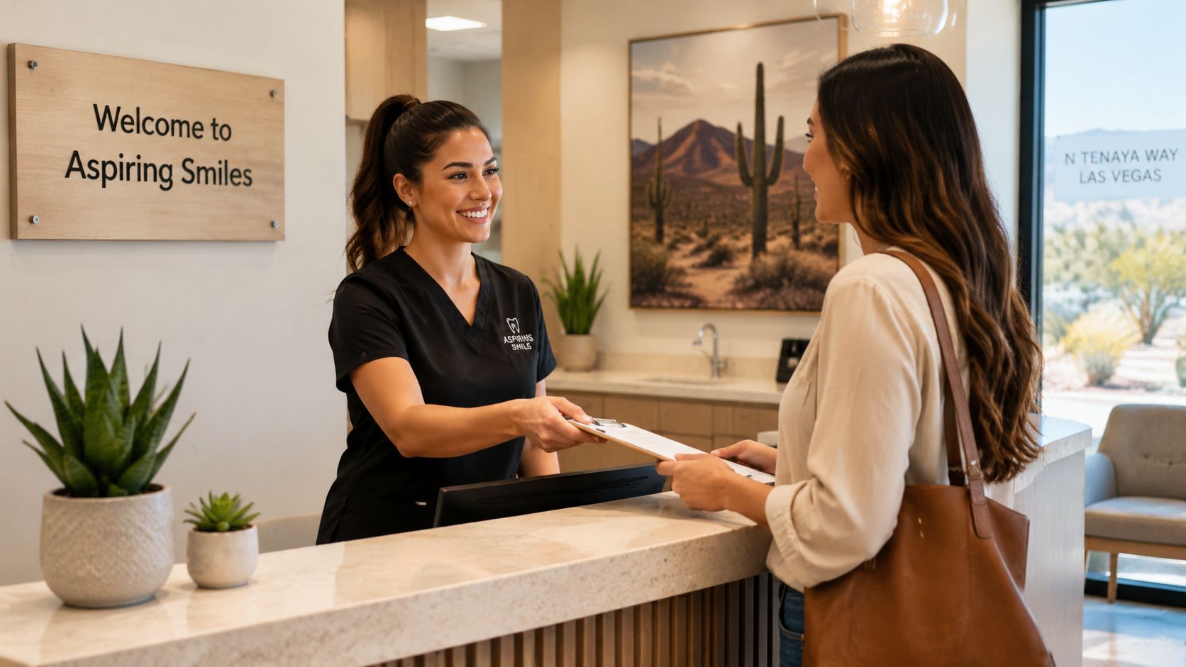 A friendly dental receptionist handing a clipboard and paperwork to a patient at the front desk.