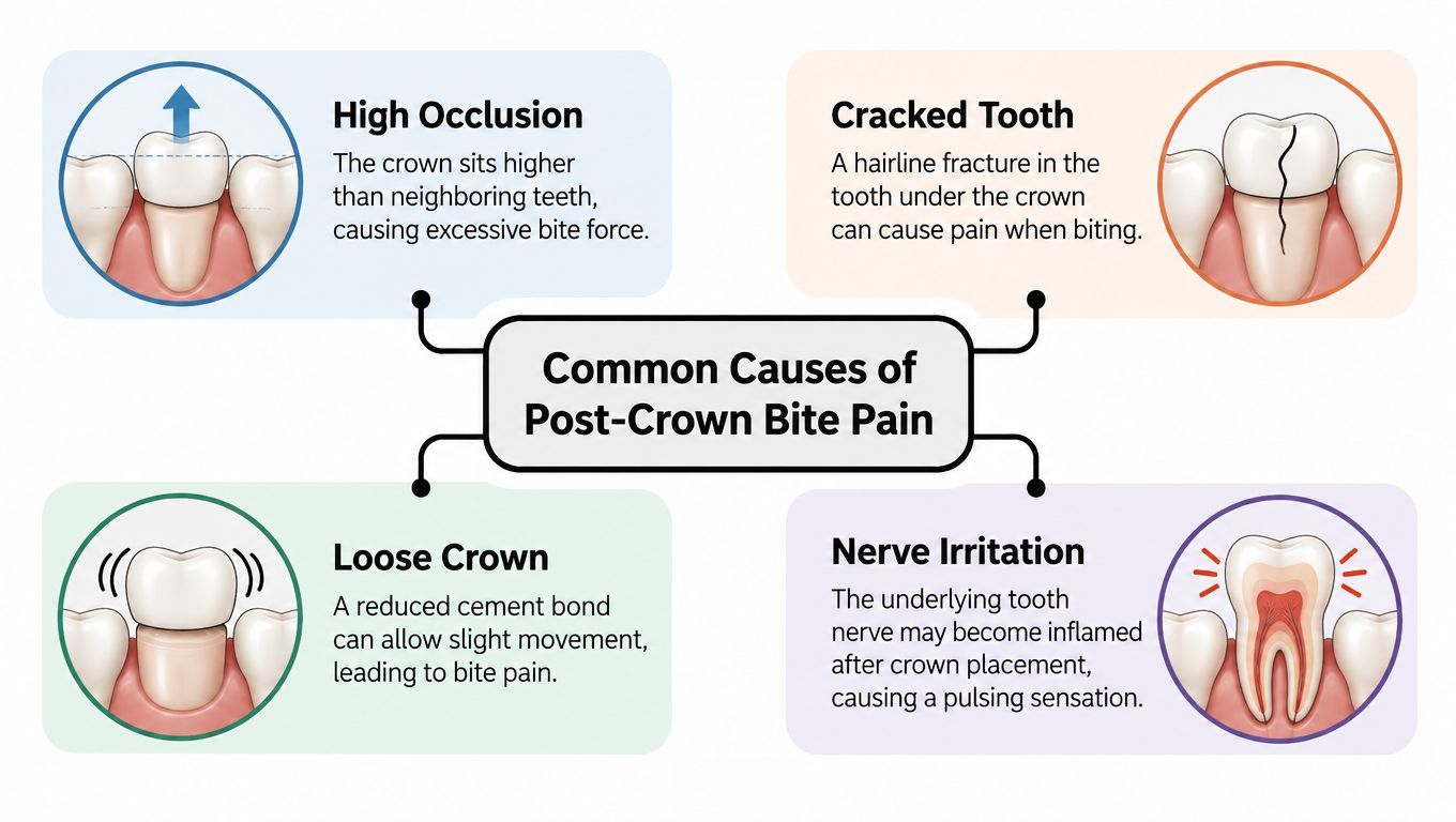 An infographic showing four common causes of pain when biting down after receiving a dental crown.