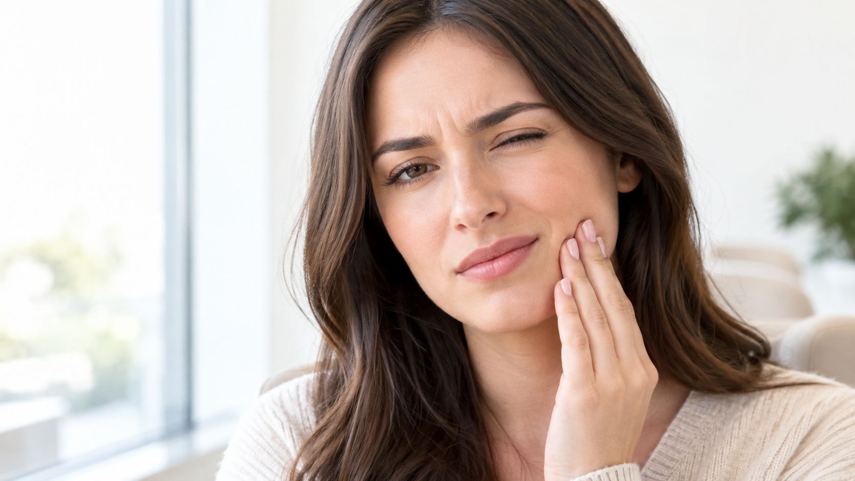 A young woman holding her cheek with an expression of pain, experiencing dental crown sensitivity or discomfort.