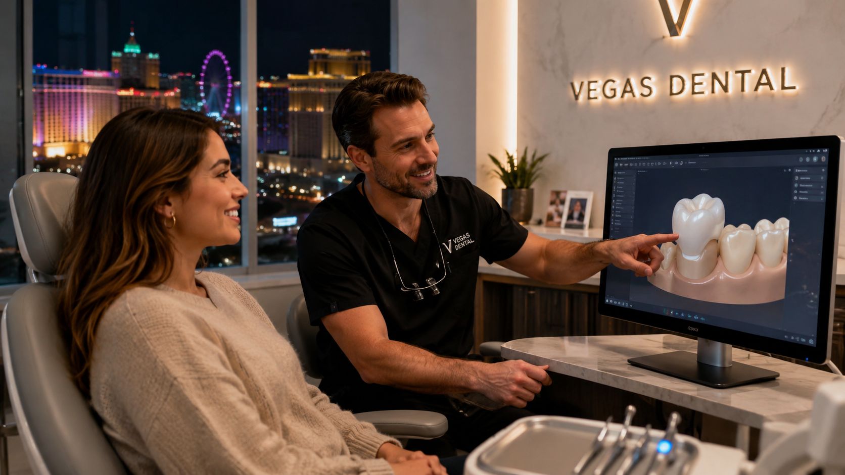 A dentist shows a patient a digital 3D model of dental crowns on a computer screen in Las Vegas.
