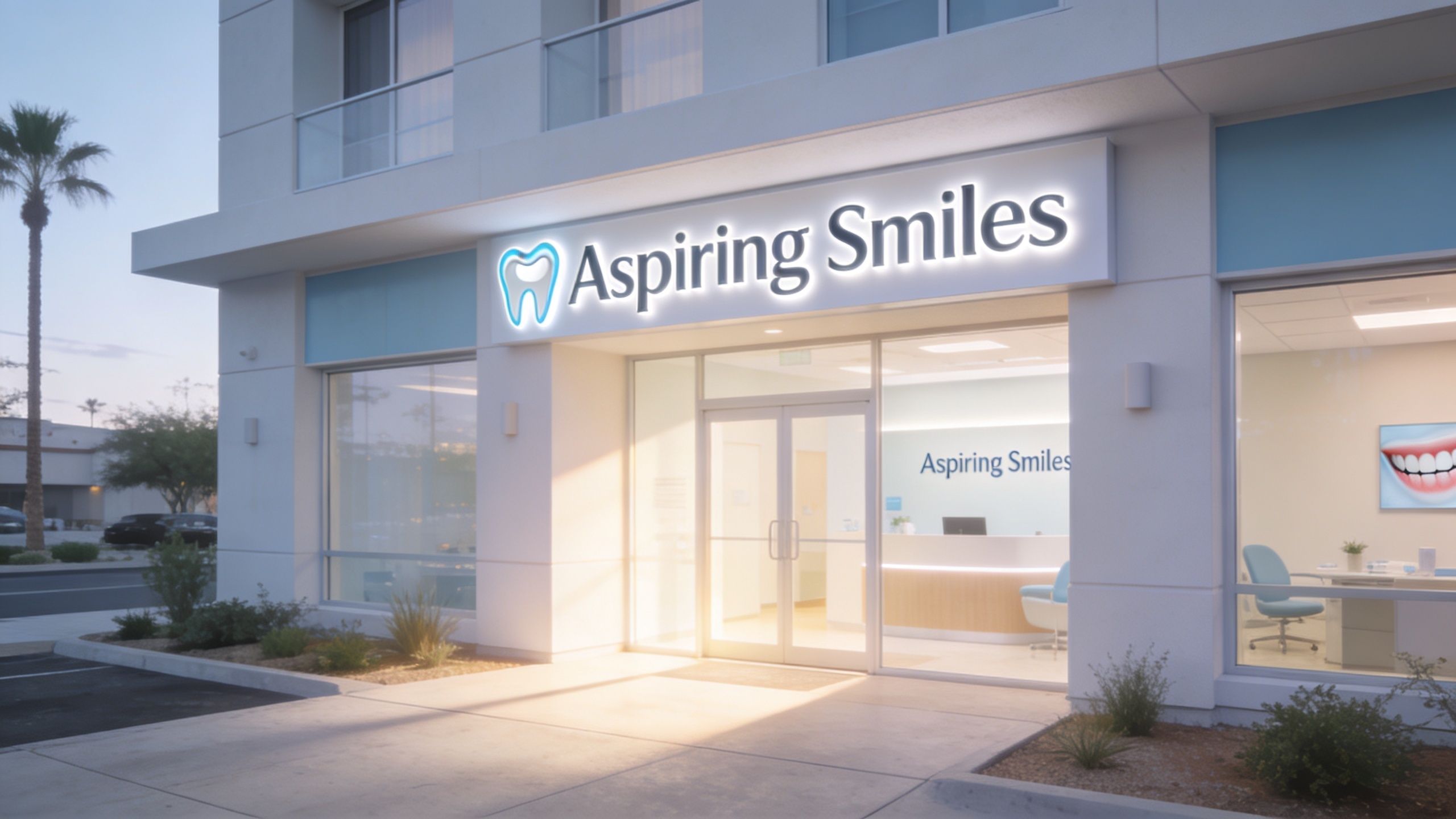 A modern exterior of the Aspiring Smiles dental office building during a clear day.
