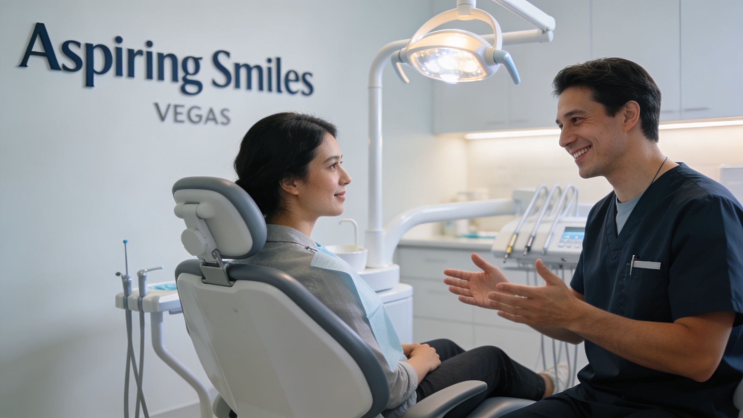A friendly dentist consults with a female patient sitting in the dental chair at a clinic.