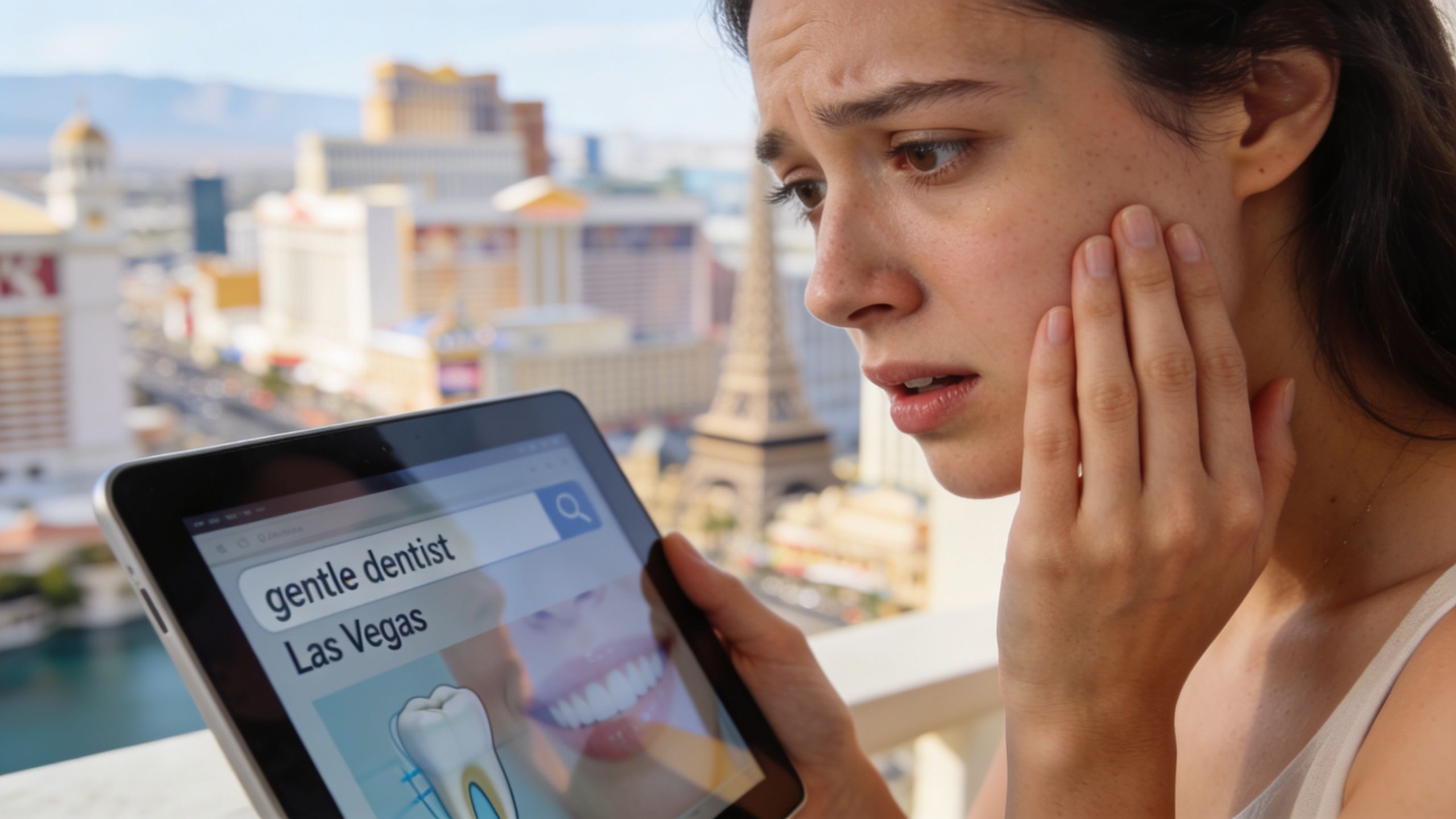 A distressed woman holding her cheek while searching for a gentle dentist in Las Vegas on tablet.