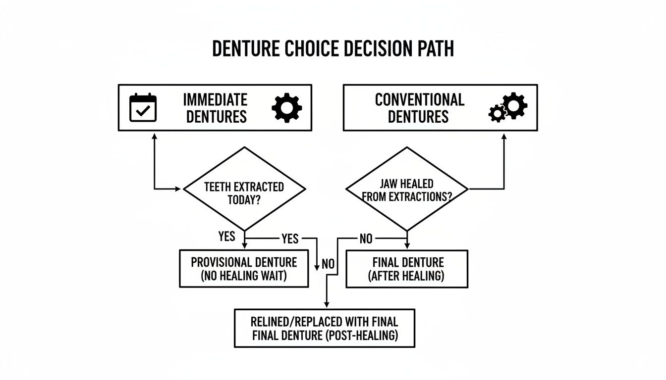 Flowchart illustrating the decision path for immediate versus conventional dentures based on extraction timing and healing.