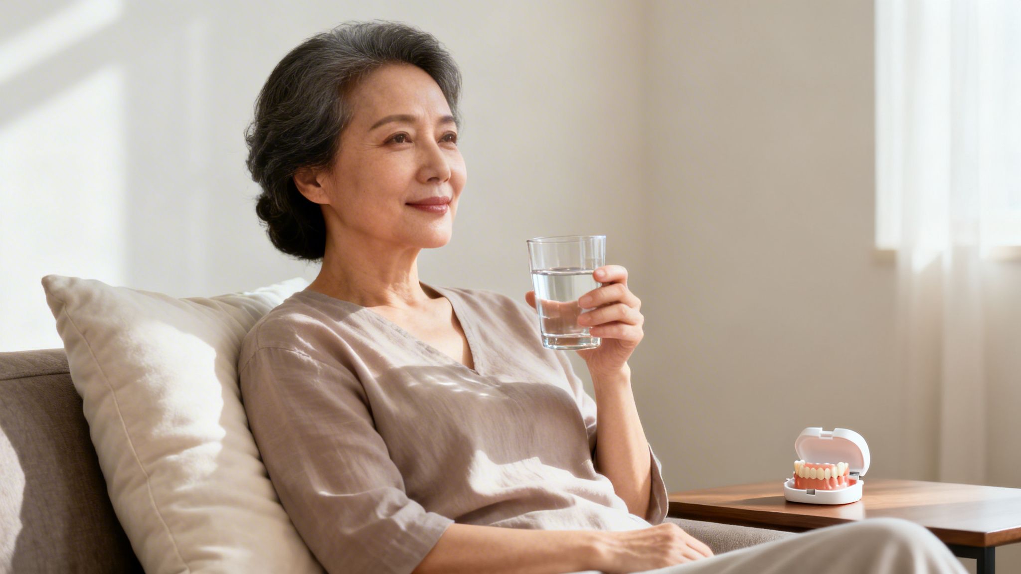 An elderly Asian woman sips water, smiling, while dentures rest in a case nearby.