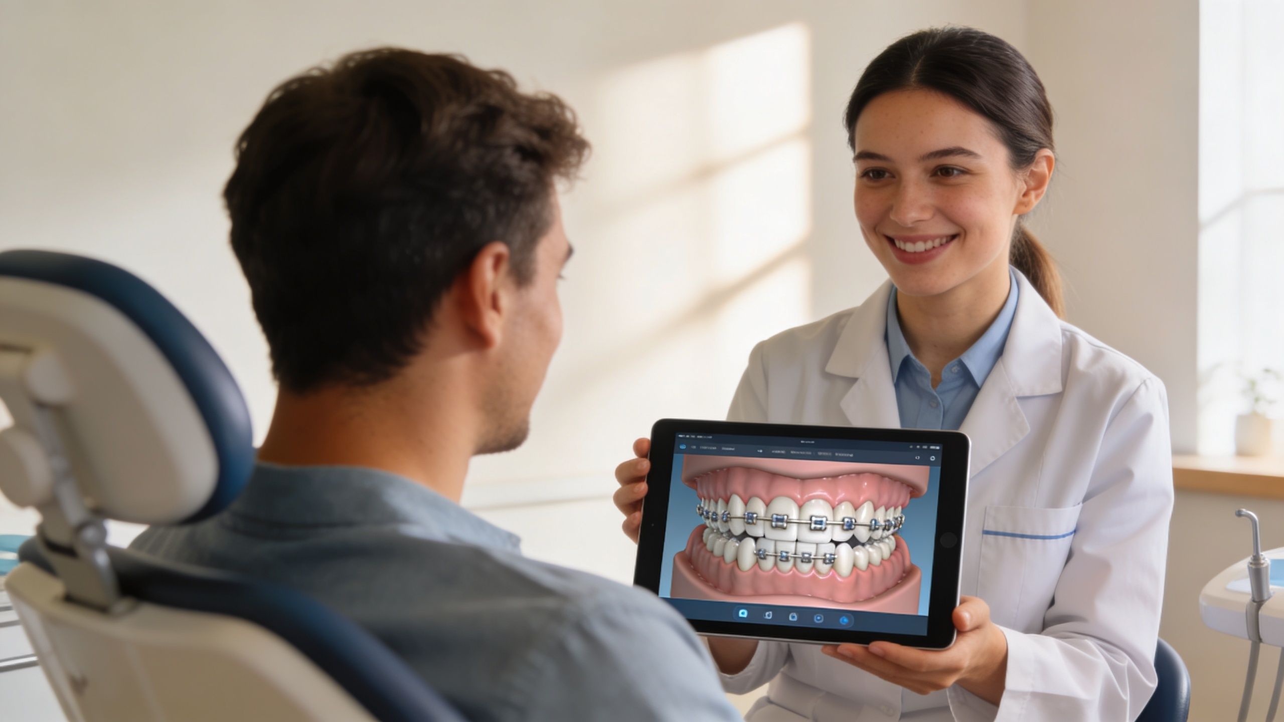A female dentist shows a digital model of teeth with braces to a patient on a tablet.