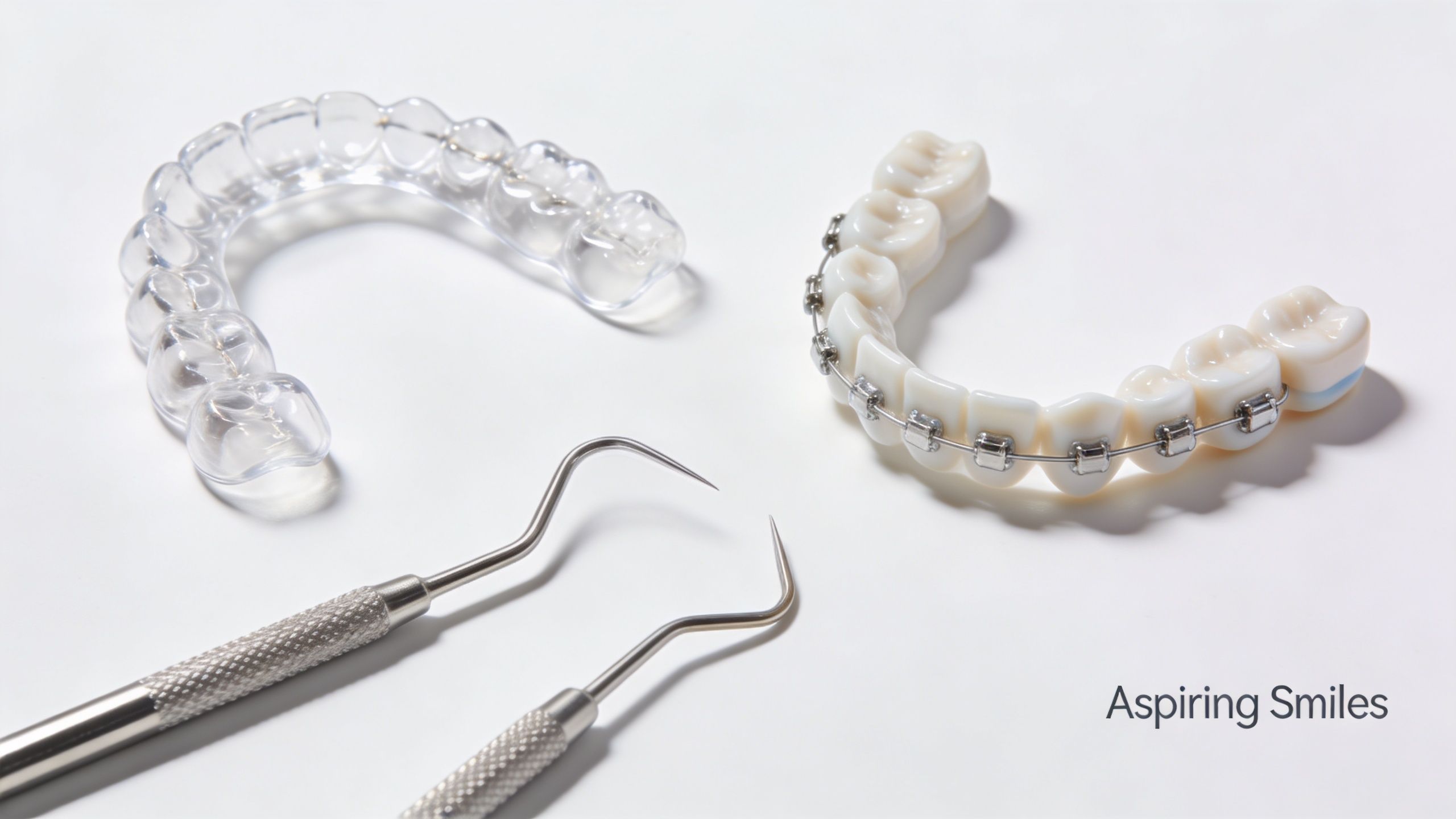 A dental clear aligner, model teeth with metal braces, and dental tools on a white background.