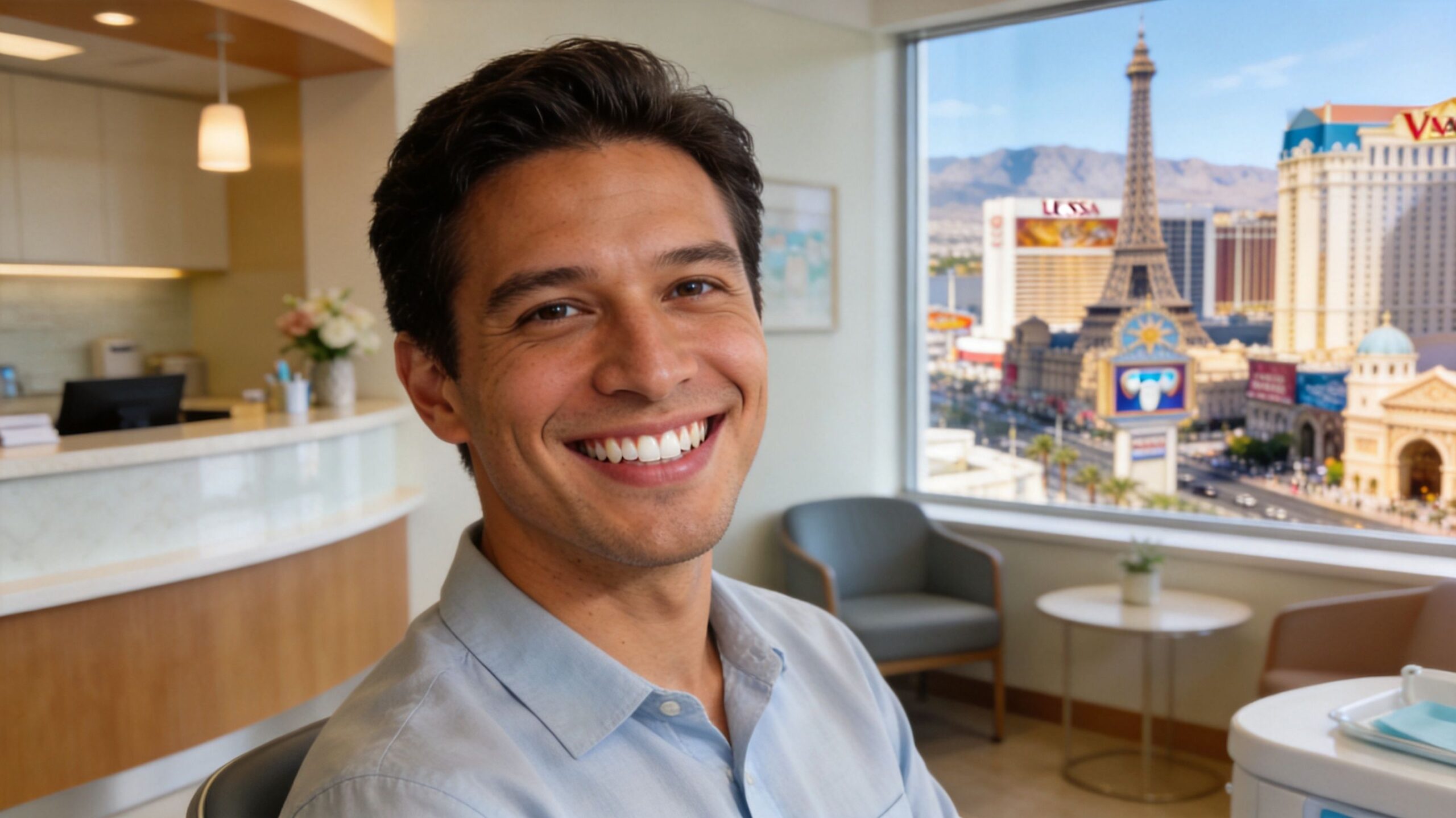 A friendly man smiling in a dental office with a view of the Las Vegas Strip