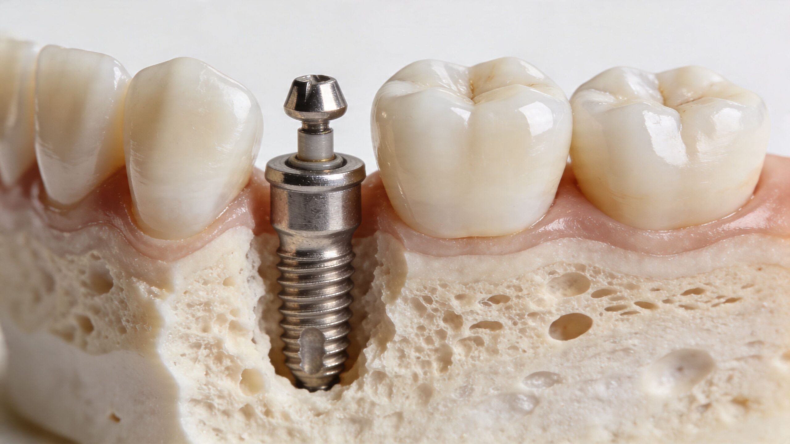 A cross-section model demonstrating a dental implant anchored into the jawbone with adjacent natural teeth.