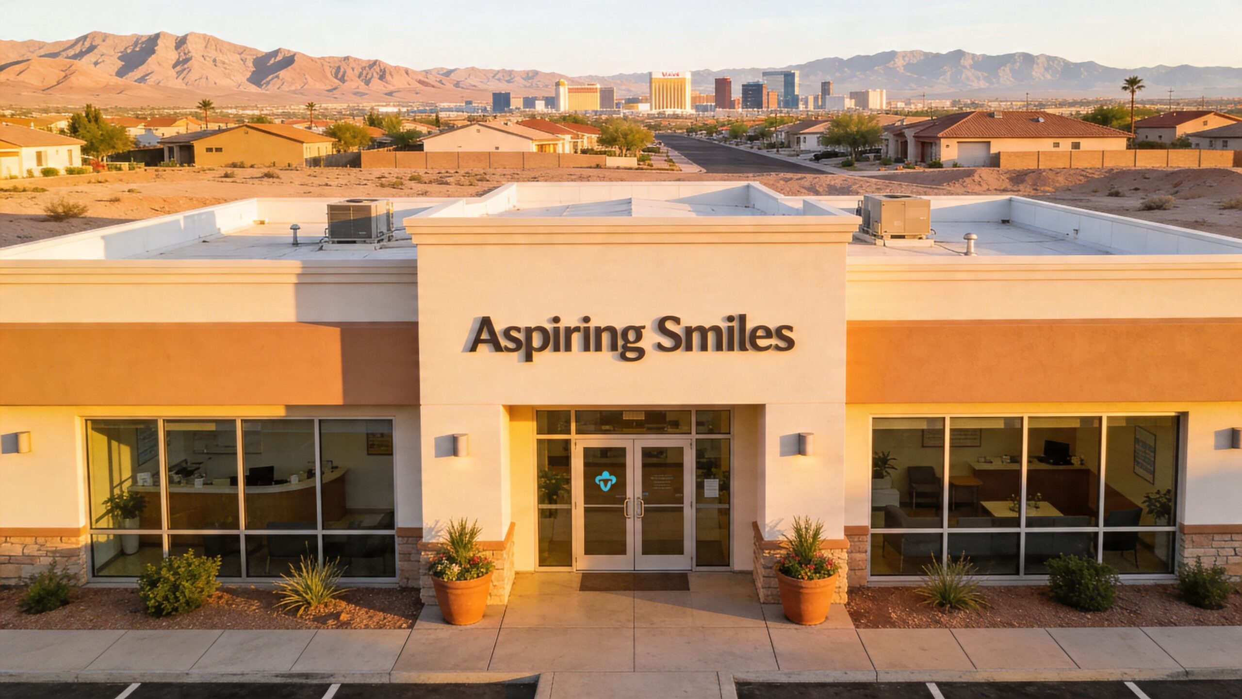 An exterior view of the Aspiring Smiles dental office building during sunset with a city skyline backdrop.