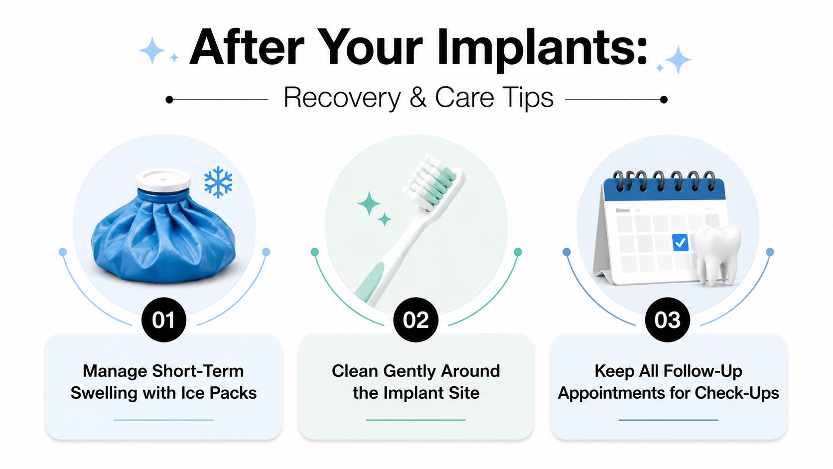 A helpful graphic illustrating three essential recovery tips for patients after receiving dental implant surgery.