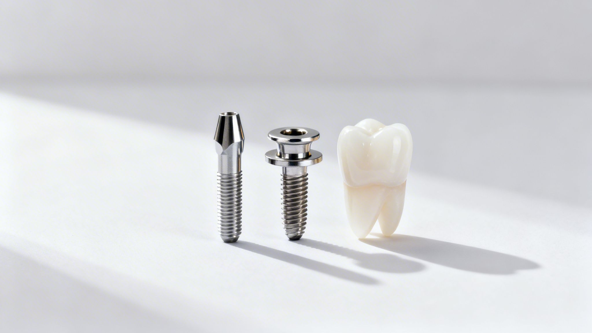 Close-up of three dental implant components: a titanium screw, an abutment, and a white ceramic tooth on a white background.