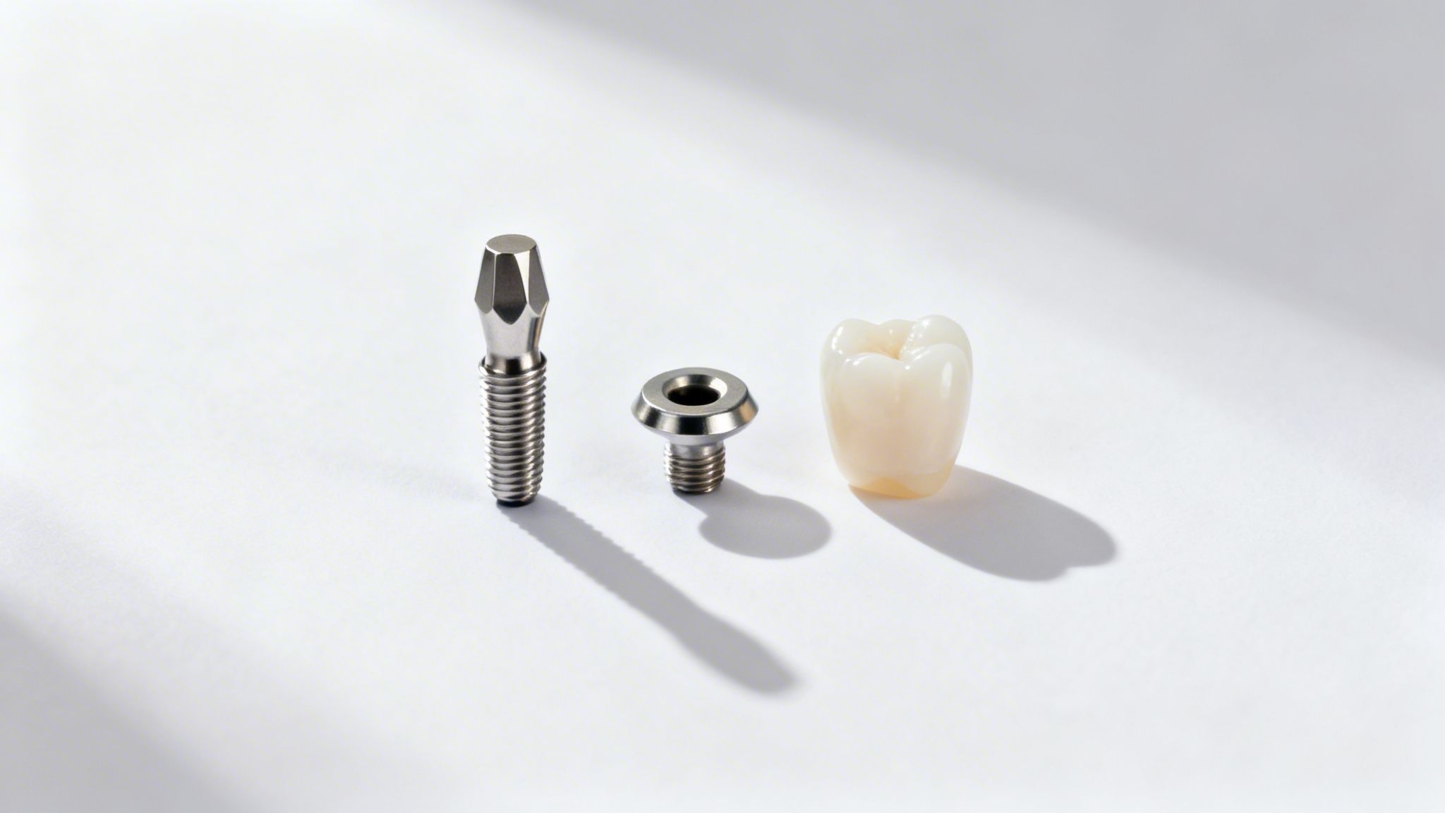 Three metal and ceramic dental implant components: a screw, an abutment, and a crown.