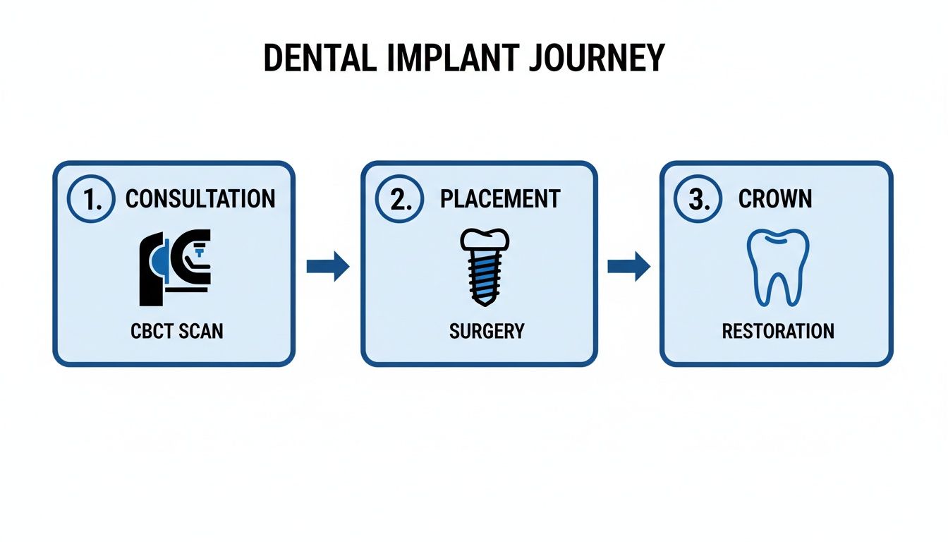 A flowchart outlining the three steps of a dental implant journey: consultation, placement, and crown restoration.