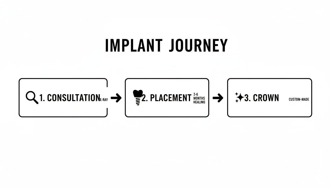Detailed flowchart illustrating the dental implant journey with steps: consultation, placement, healing, and custom crown.