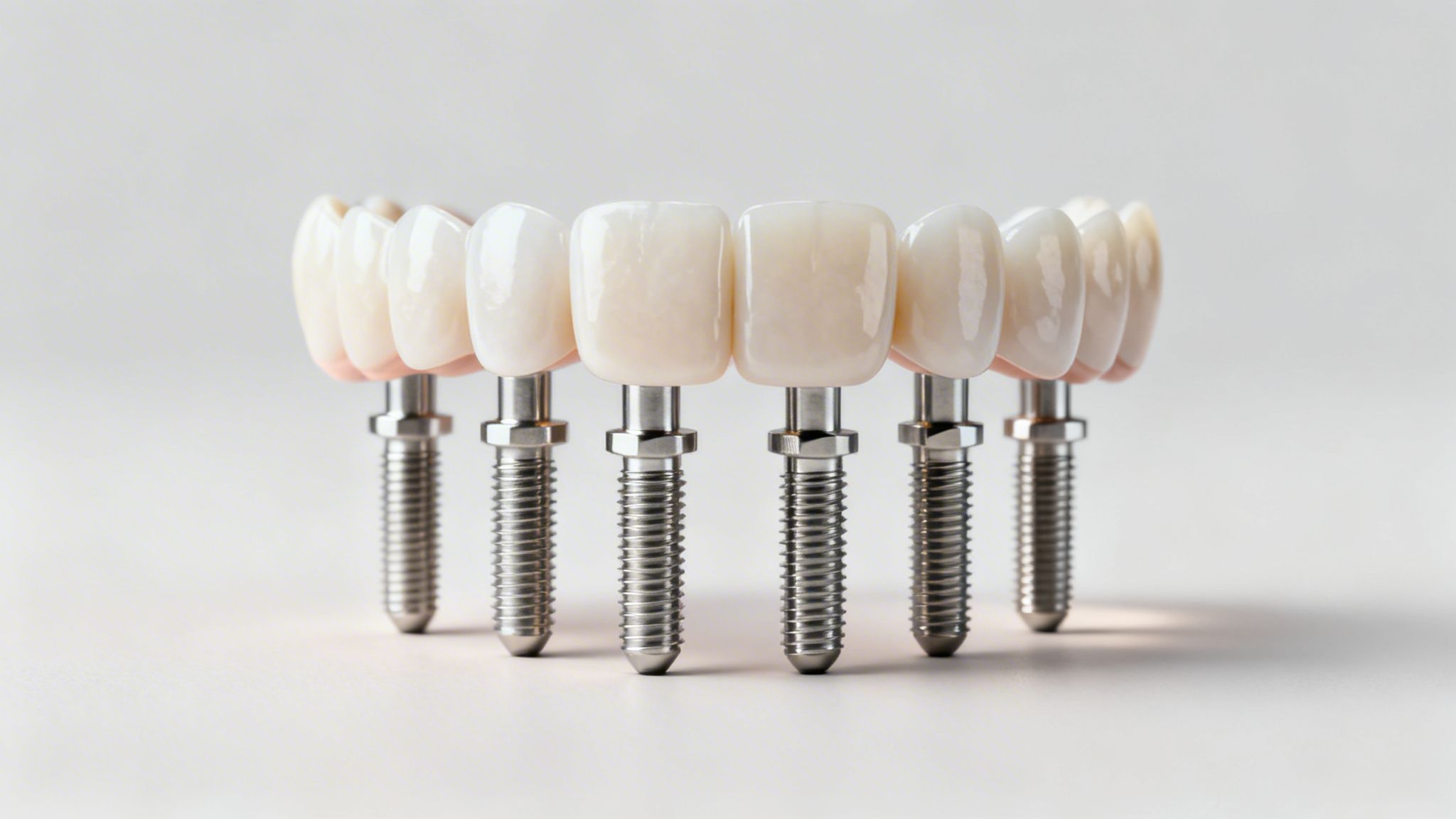 A row of white ceramic dental crowns on metal implants, displayed on a light background.