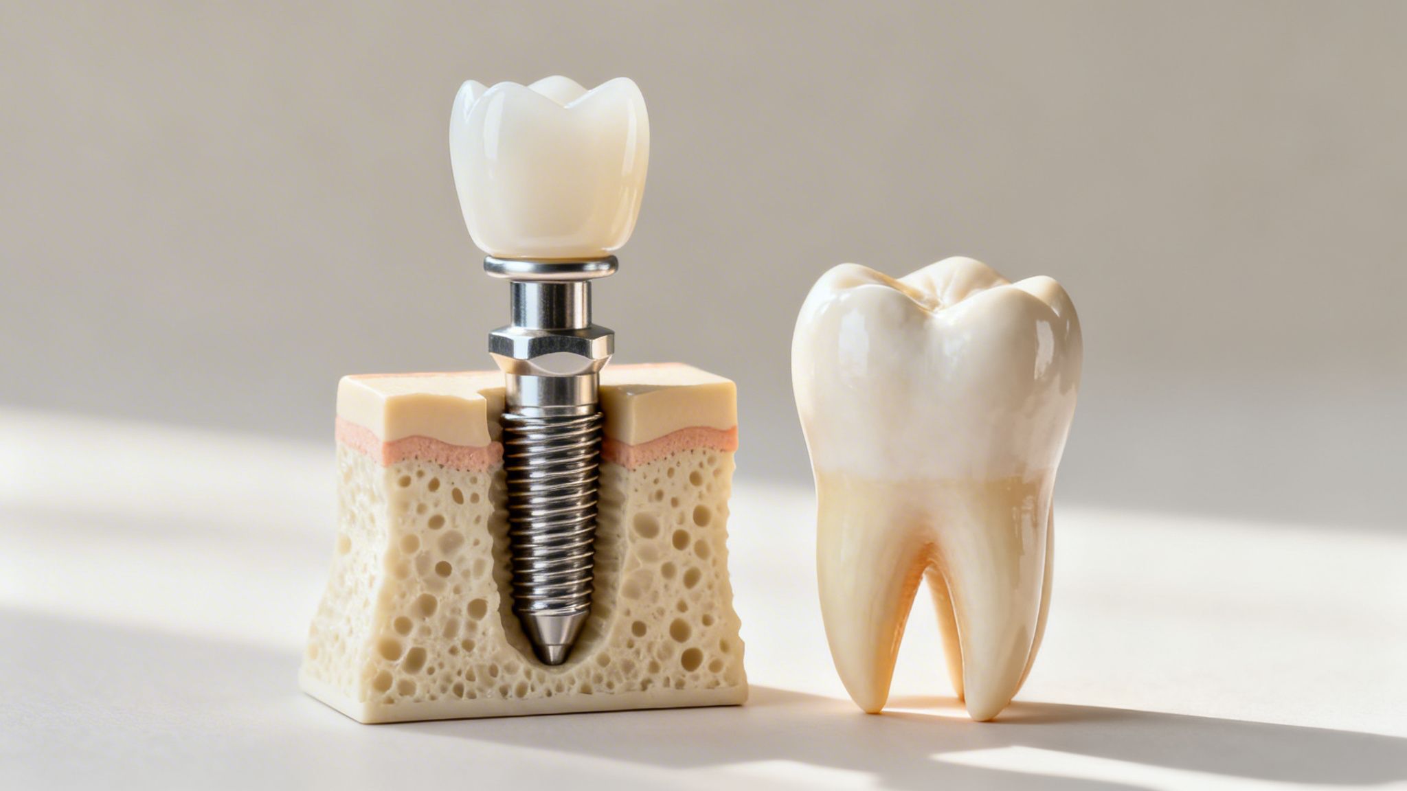 A detailed model showing a dental implant and a natural tooth side-by-side on a light background.