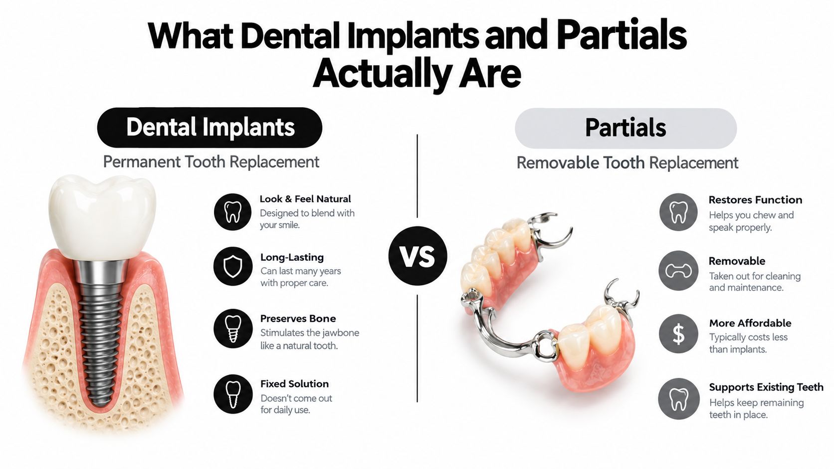 A comparison chart showing the differences between dental implants and partial dentures for tooth replacement.