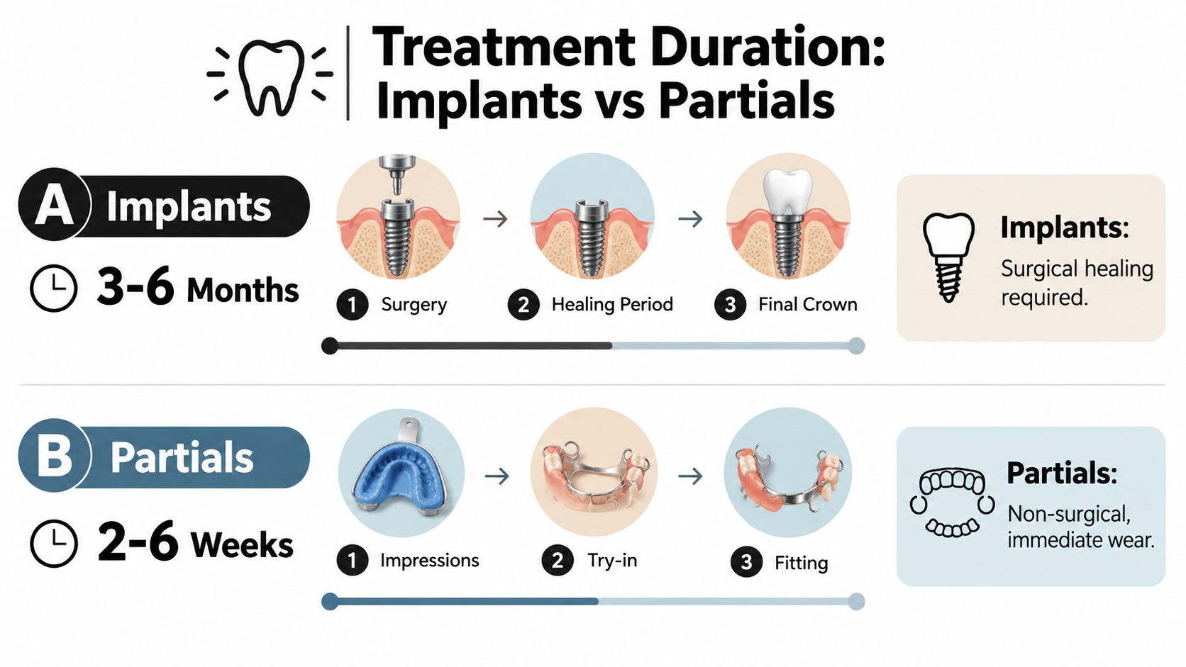 A comparison infographic showing the treatment duration and process for dental implants versus partial dentures.