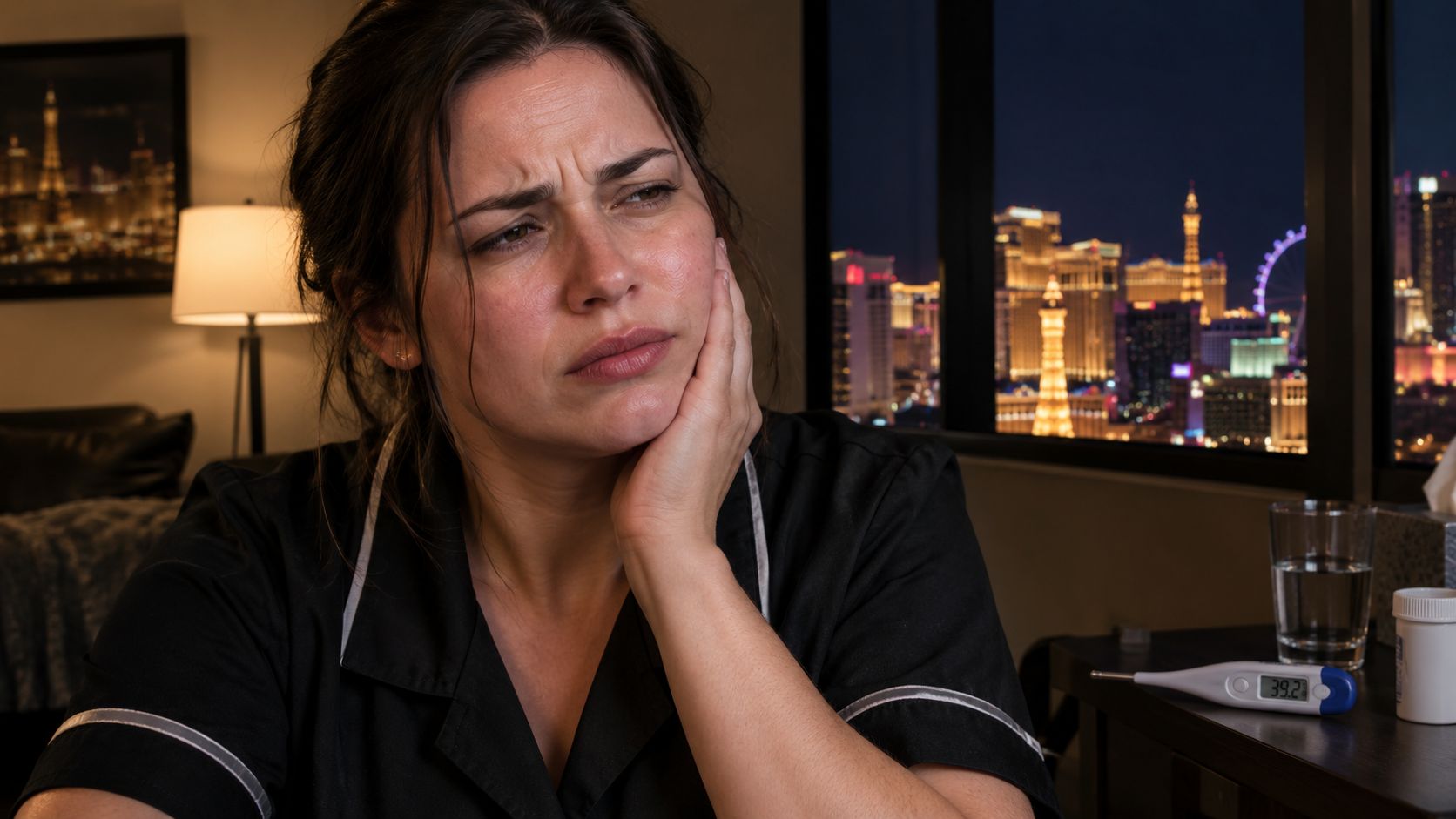 A woman in pajamas holding her cheek in pain while sitting in front of a city view