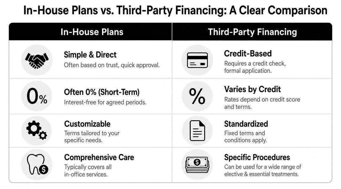 A comparison chart showing the differences between in-house dental plans and third-party financing options.
