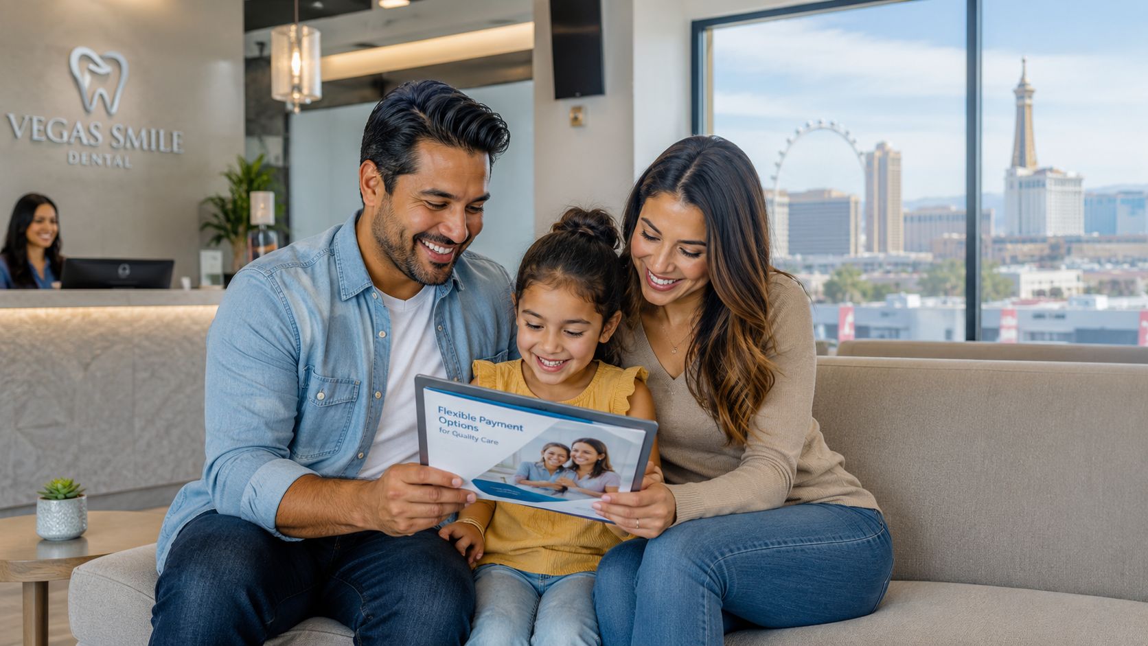 A happy family sitting together on a couch at a dental clinic reviewing payment plan brochures.