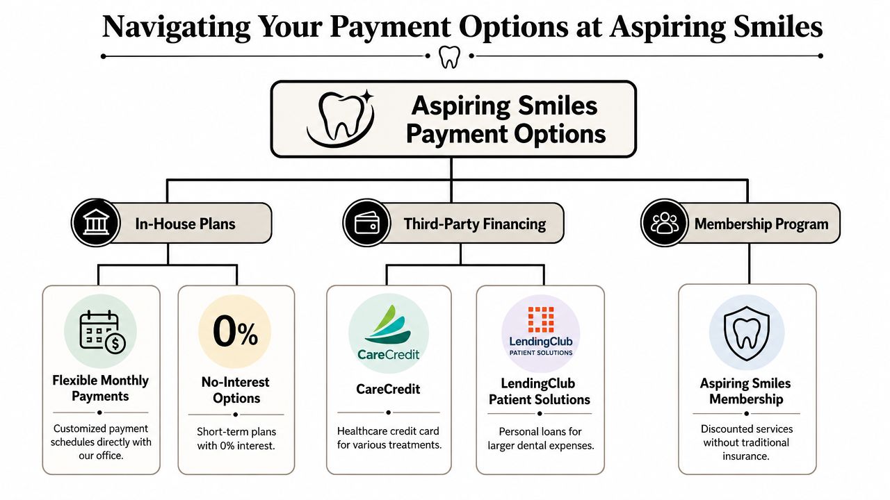 An infographic titled Navigating Your Payment Options at Aspiring Smiles detailing in-house plans, third-party financing, and membership programs.