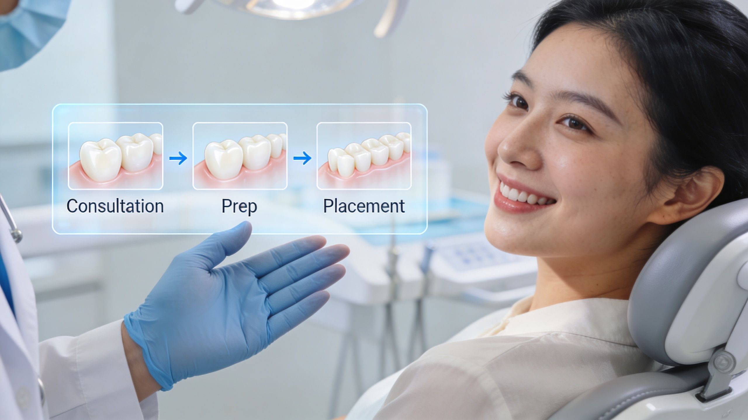 A dentist explaining the dental veneer procedure to a smiling patient using a digital graphic guide.