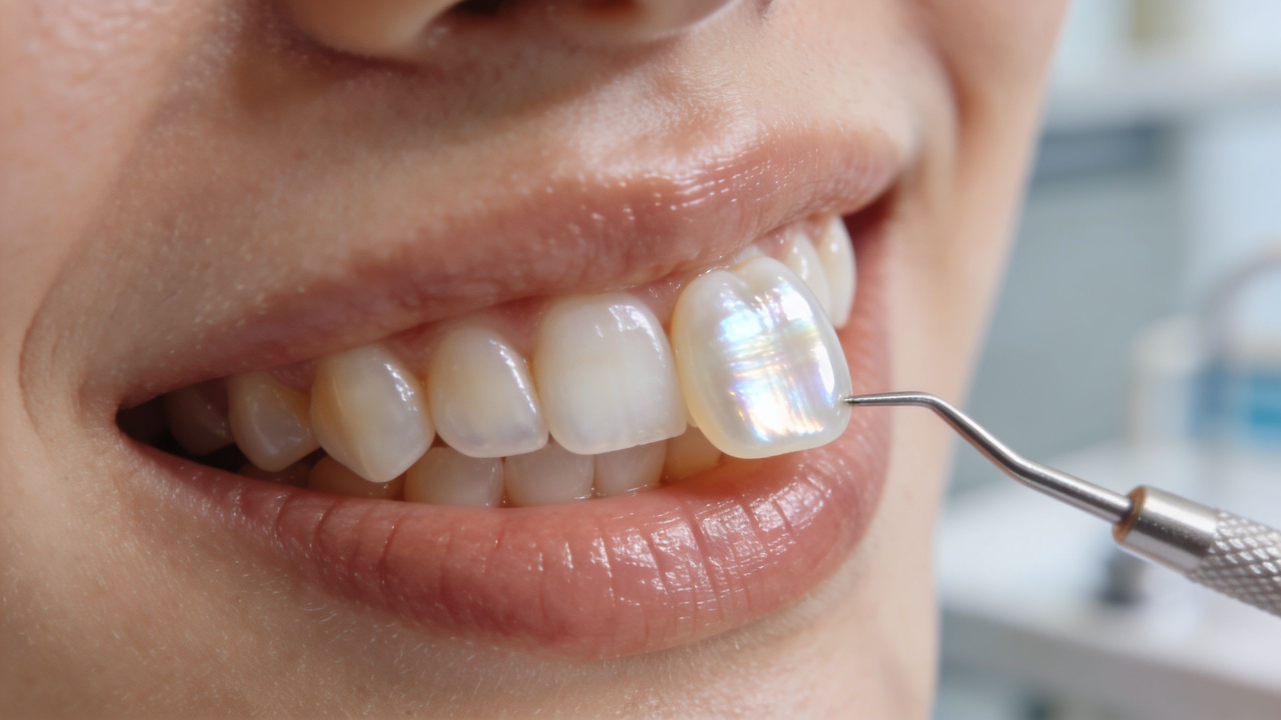 A dentist placing a porcelain dental veneer onto a patient's tooth with a metal tool during consultation.