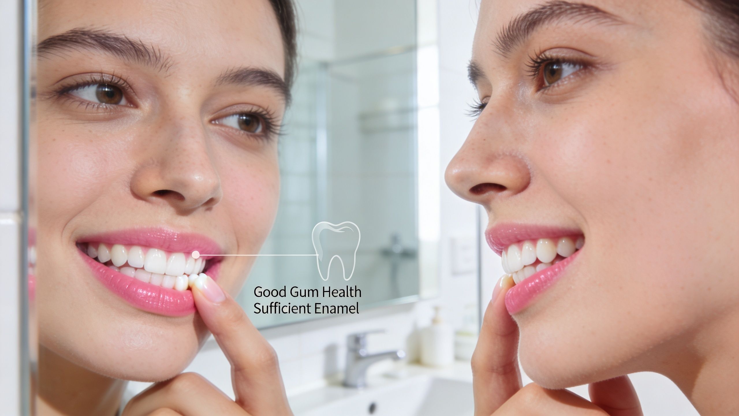 A woman looking in a bathroom mirror, touching her teeth with a graphic overlay about dental health.