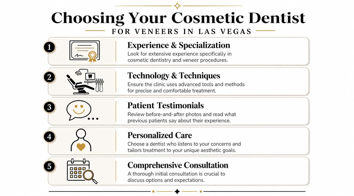 An infographic detailing five key steps to choose the best cosmetic dentist for veneers in Las Vegas.