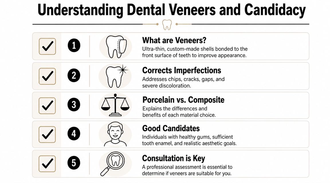 An infographic titled Understanding Dental Veneers and Candidacy listing five key steps for patients.