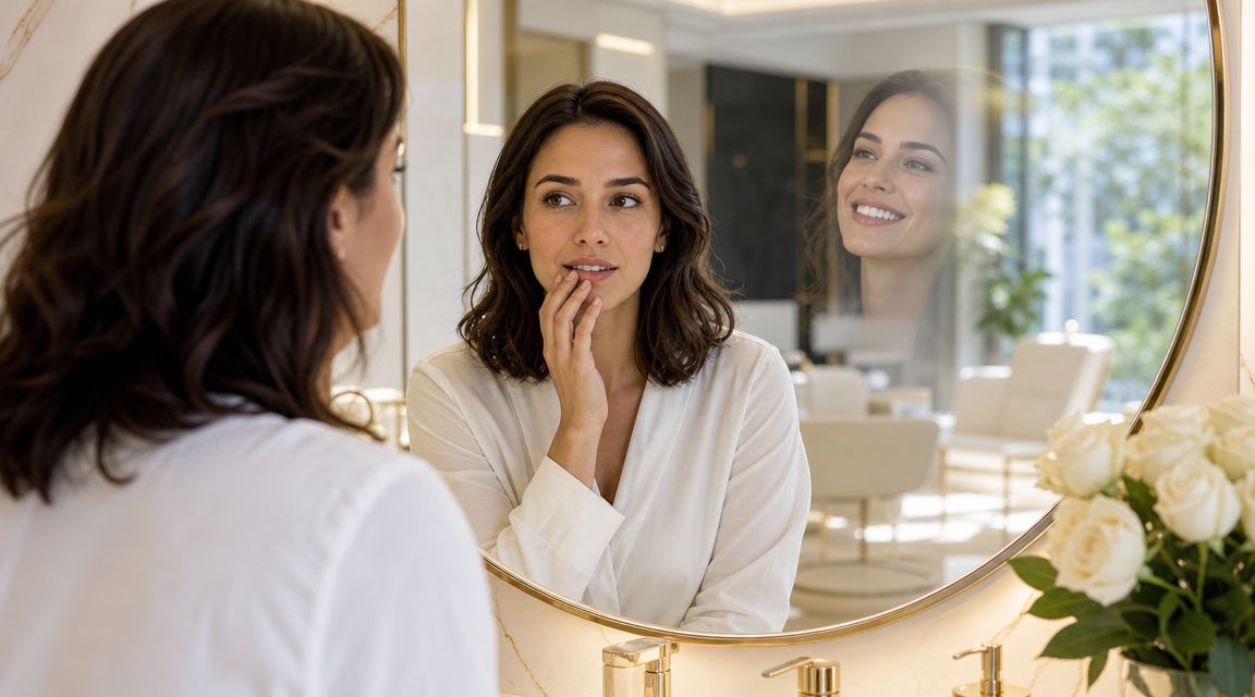 A woman admiring her smile in a circular mirror while touching her lips in a bright room.